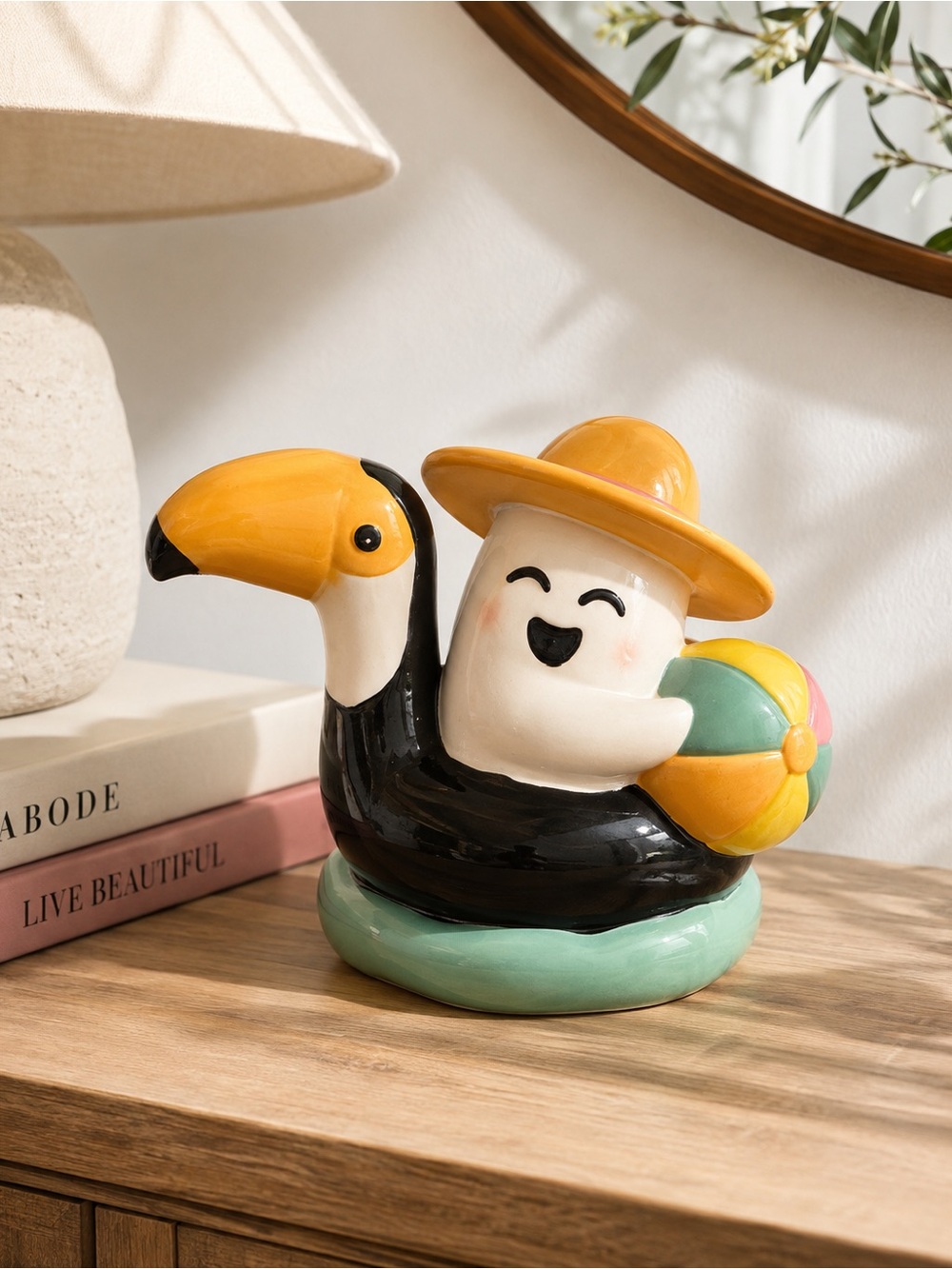Summerween Ceramic Ghost on Toucan Pool Float Figurine Beach Halloween Decor